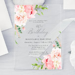 SURPRISE PARTY 90th Birthday Pink Peony Floral Acrylic Invitations<br><div class="desc">A beautiful and feminine surprise party invitation to celebrate a 90th birthday in elegant style. This floral design is bordered with a frame of charming pink peony flowers and greenery. This invitation is available as a printed invitation on transparent acrylic. One of the hottest trends in invitation design this year....</div>