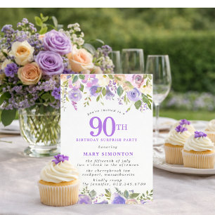SURPRISE PARTY 90th Birthday Pretty Purple Floral Invitation