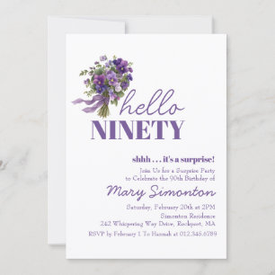 SURPRISE PARTY 90th Birthday Purple Floral Bouquet Invitation