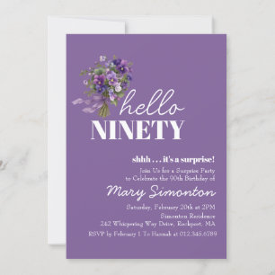 SURPRISE PARTY 90th Birthday Purple Floral Bouquet Invitation