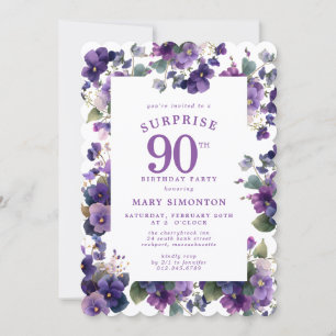 SURPRISE PARTY 90th Birthday Purple Violet Floral Invitation