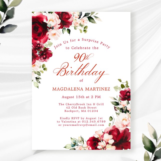SURPRISE PARTY 90th Birthday Red Pink Floral Invitation (Creator Uploaded)
