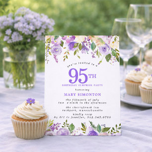 SURPRISE PARTY 95th Birthday Pretty Purple Floral Invitation