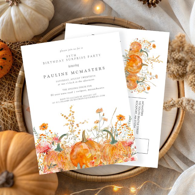 SURPRISE PARTY 95th Birthday Pumpkin Wildflower Invitation Postcard (Creator Uploaded)