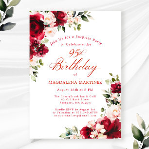 SURPRISE PARTY 95th Birthday Red Pink Floral Invitation