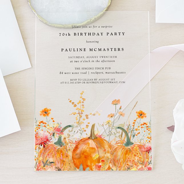 SURPRISE PARTY ACRYLIC 70TH Pumpkin Wildflower Invitations (Creator Uploaded)