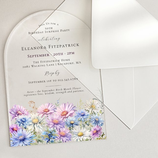 SURPRISE PARTY ARCH 50 September Birth Flower Acrylic Invitations (Creator Uploaded)
