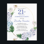 Surprise Party Budget 21st Birthday Invitation<br><div class="desc">Blue hydrangea flowers and blush roses decorate a gold oval frame. An open and airy modern botanical.</div>