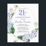 Surprise Party Budget 21st Birthday Invitation<br><div class="desc">Blue hydrangea flowers and blush roses decorate a gold oval frame. An open and airy modern botanical.</div>