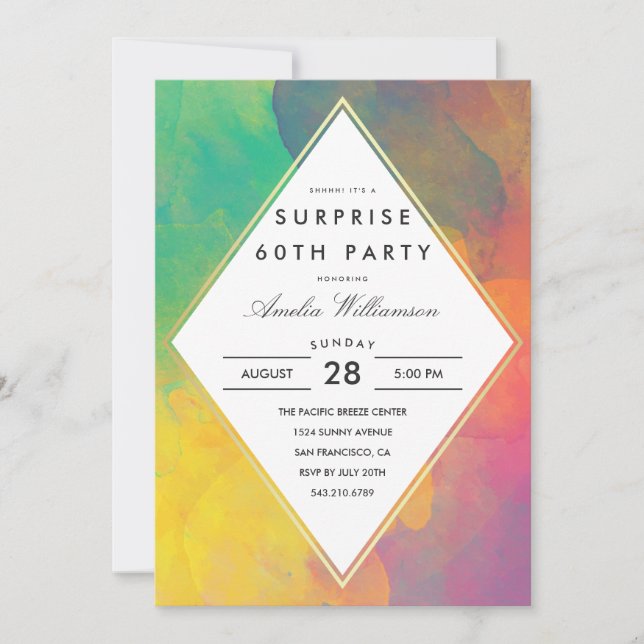 Surprise Party | Colourful Abstract Boho Watercolo Invitation (Front)