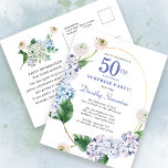 Surprise Party Hydrangea Rose 50th Birthday Postcard<br><div class="desc">Blue hydrangea flowers and blush rose florals decorate a gold oval frame. An open and airy modern botanical.</div>