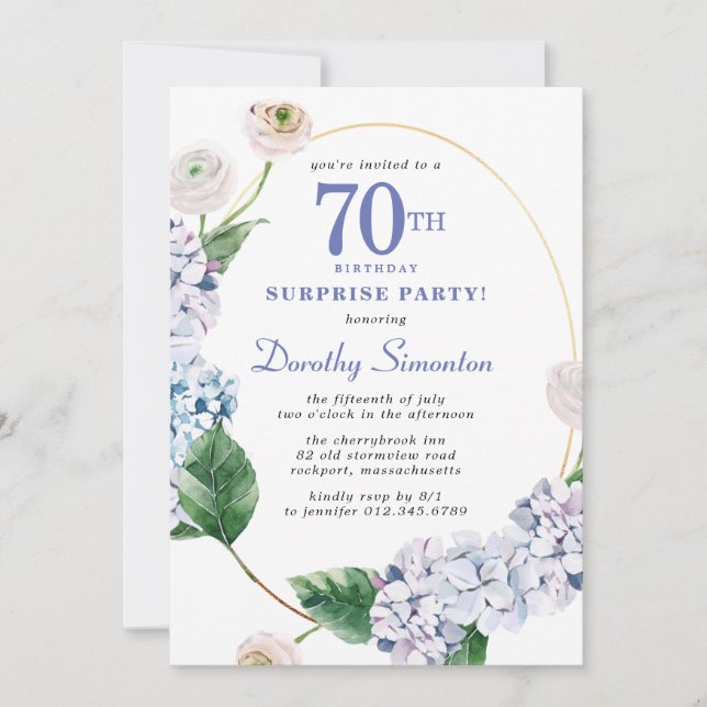 Surprise Party Hydrangea Rose 70th Birthday Invitation (Front)