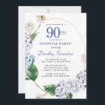 Surprise Party Hydrangea Rose 90th Birthday Invitation<br><div class="desc">Blue hydrangea flowers and blush rose florals decorate a gold oval frame. An open and airy modern botanical.</div>