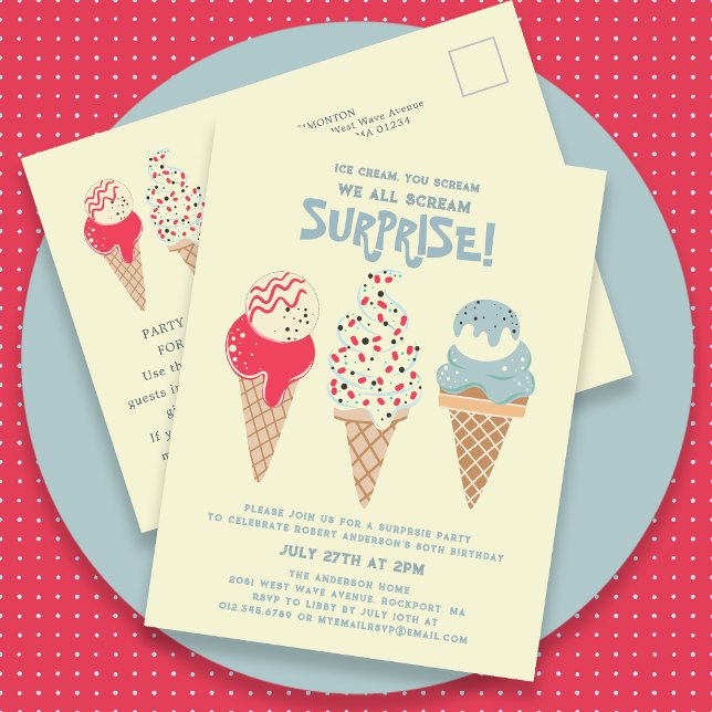 Surprise Party Ice Cream 80th Birthday Invitation Postcard (Creator Uploaded)