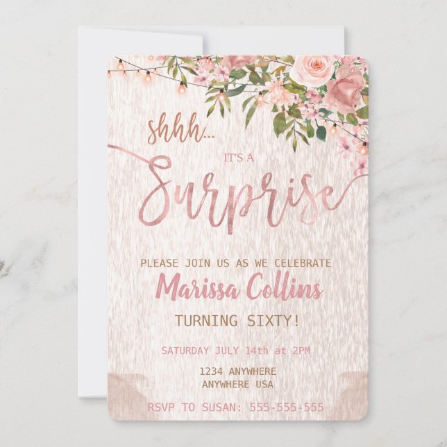 Surprise Party invitation, floral string lights 60 Invitation (Front)