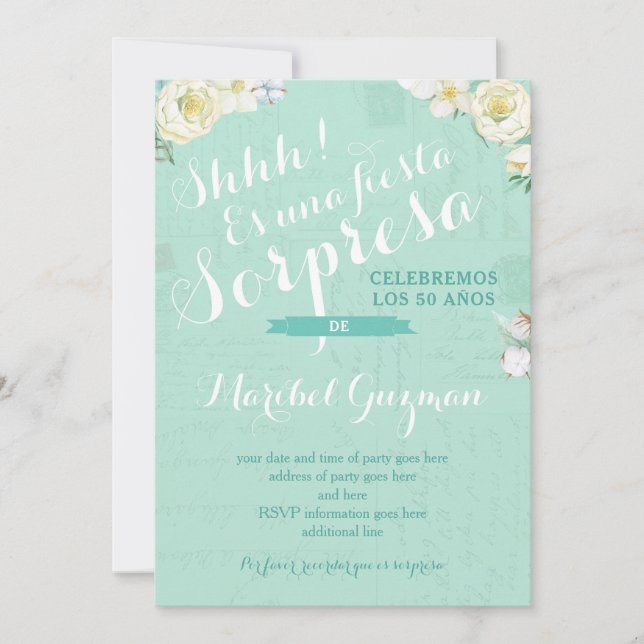 Surprise party invites for female birthday Spanish (Front)