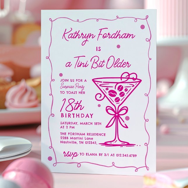 SURPRISE PARTY Pink Doodle Martini 18th Birthday Invitation (Creator Uploaded)