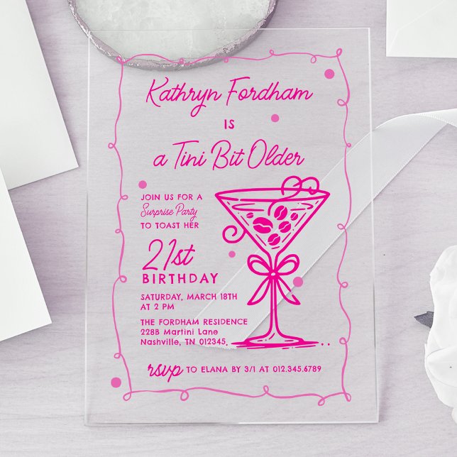 SURPRISE PARTY Pink Doodle Martini 21st Birthday Acrylic Invitations (Creator Uploaded)