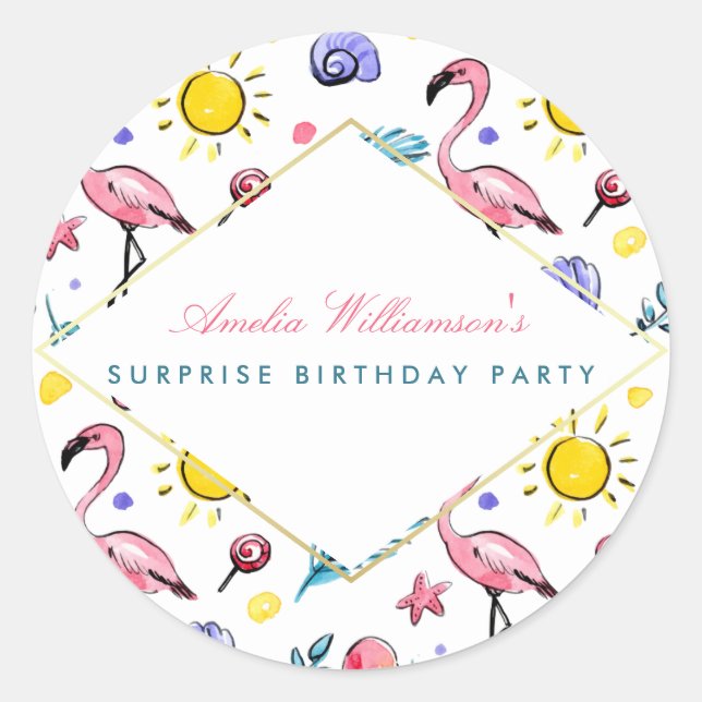 Surprise Party | Summer Flamingo, Lollipop and Sun Classic Round Sticker (Front)