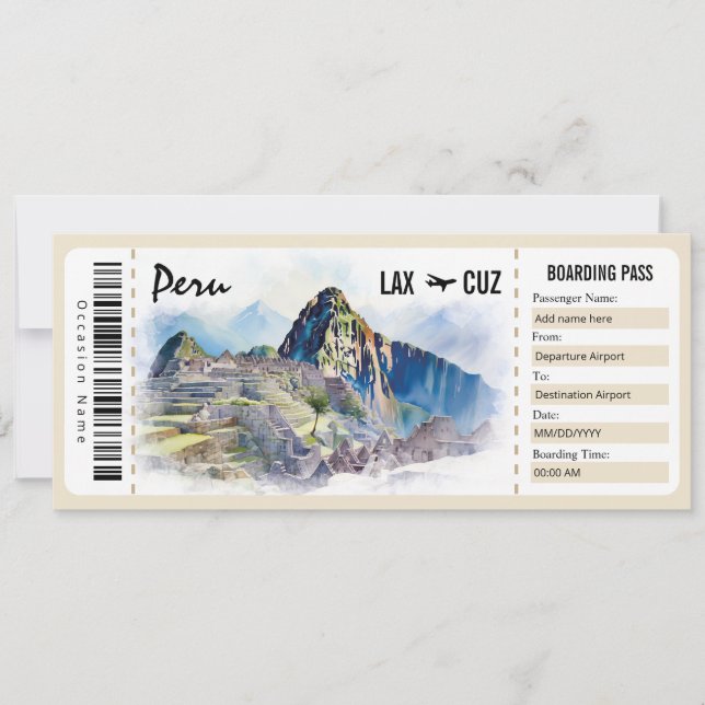 Surprise Peru Boarding Pass Gift Certificate Invitation (Front)