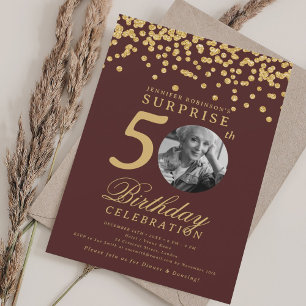 SURPRISE Photo 50 Birthday Gold Confetti Burgundy Invitation
