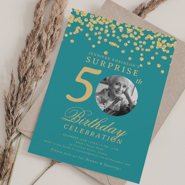 SURPRISE Photo 50 Birthday Gold Confetti Turquoise Invitation (SURPRISE Photo 50 Birthday Gold Confetti Turquoise Invitation)