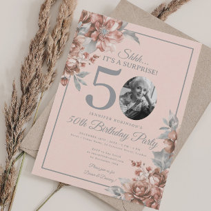SURPRISE Photo 50 Birthday Rose Gold Floral Blush Invitation