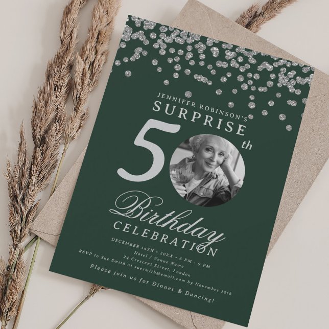 SURPRISE Photo 50 Birthday Silver Confetti Green Invitation (SURPRISE Photo 50 Birthday Silver Confetti Green Invitation)