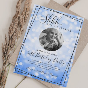 SURPRISE Photo 50th Birthday Blue Bokeh Invitation