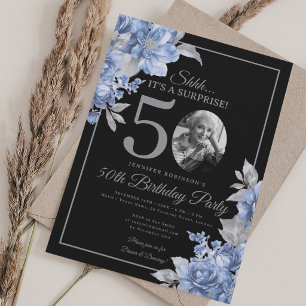 SURPRISE Photo 50th Birthday Blue Floral Black  Invitation