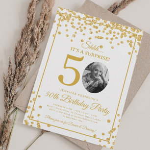 SURPRISE Photo 50th Birthday Gold Confetti White Invitation