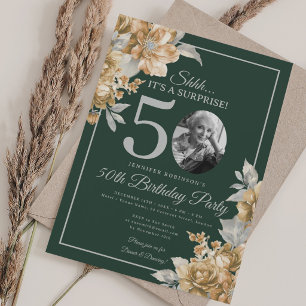 SURPRISE Photo 50th Birthday Gold Floral Green  Invitation