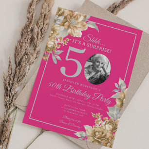 SURPRISE Photo 50th Birthday Gold Floral Hot Pink  Invitation
