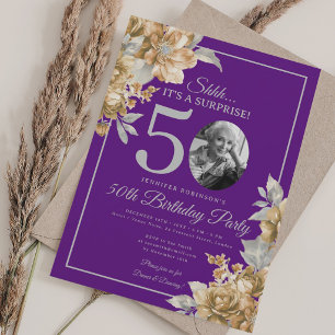SURPRISE Photo 50th Birthday Gold Floral Purple Invitation