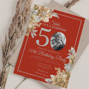 SURPRISE Photo 50th Birthday Gold Floral Red  Invitation