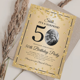 SURPRISE Photo 50th Birthday Gold Glam Confetti Invitation