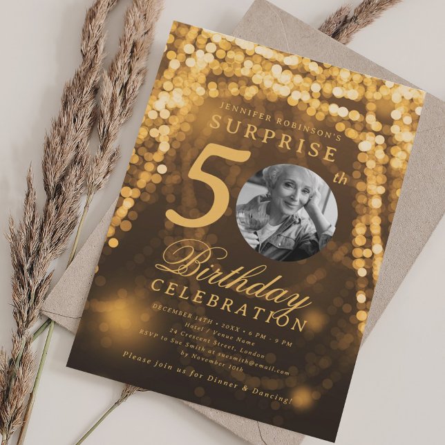 SURPRISE Photo 50th Birthday Gold Glam Lights Invitation (SURPRISE Photo 50th Birthday Gold Glam Lights Invitation)