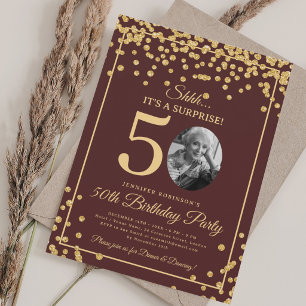 SURPRISE Photo 50th Birthday Gold Glitter Burgundy Invitation