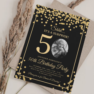 SURPRISE Photo 50th Birthday Gold Glitter Confetti Invitation