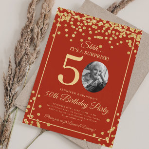 SURPRISE Photo 50th Birthday Gold Glitter Red  Invitation