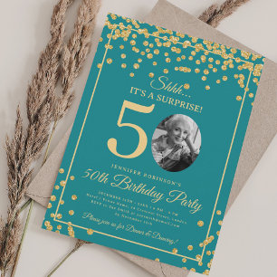 SURPRISE Photo 50th Birthday Gold Glitter Teal  Invitation