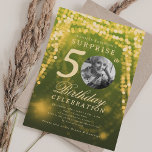 SURPRISE Photo 50th Birthday Gold Green Glam  Invitation<br><div class="desc">An elegant "50th Birthday" party invitation design with personalised photo,  modern typography and a string lights background.</div>