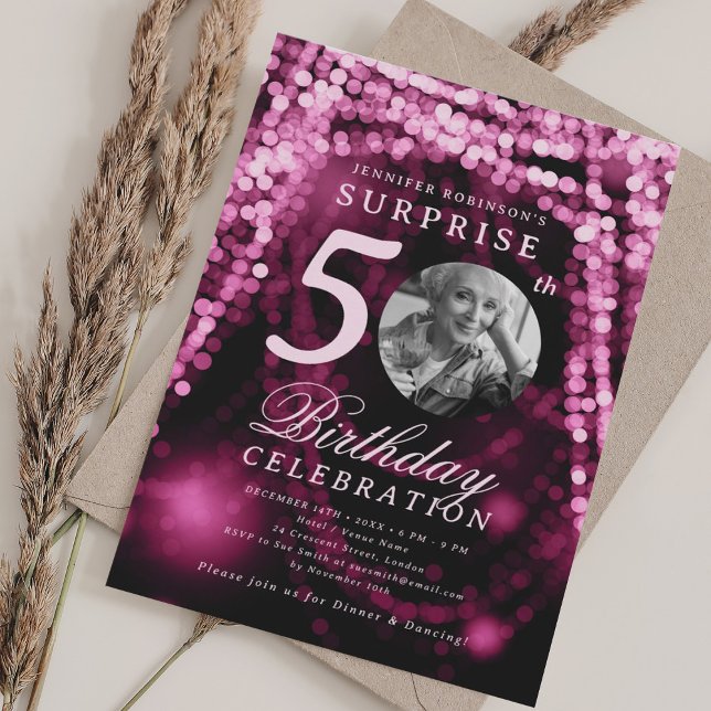 SURPRISE Photo 50th Birthday Hot Pink Glam Lights Invitation (SURPRISE Photo 50th Birthday Hot Pink Glam Lights Invitation)