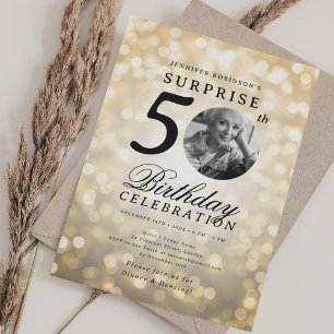 SURPRISE Photo 50th Birthday Party Gold Bokeh Invitation