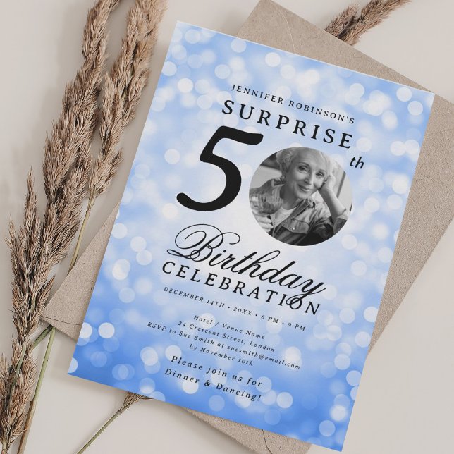 SURPRISE Photo 50th Birthday Party Navy Bokeh Invitation (SURPRISE Photo 50th Birthday Party Navy Bokeh Invitation)