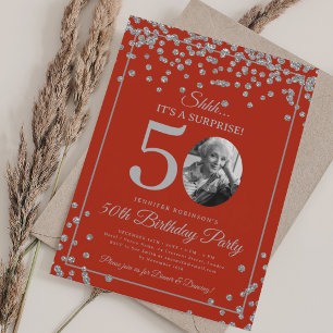SURPRISE Photo 50th Birthday Party Silver Red  Invitation
