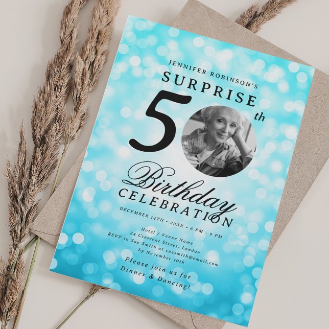 SURPRISE Photo 50th Birthday Party Turquoise Bokeh Invitation (SURPRISE Photo 50th Birthday Party Turquoise Bokeh Invitation)