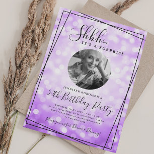 SURPRISE Photo 50th Birthday Purple Bokeh Invitation