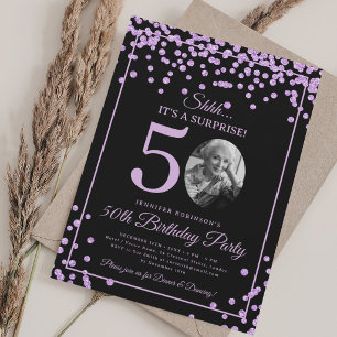 SURPRISE Photo 50th Birthday Purple Confetti Invitation