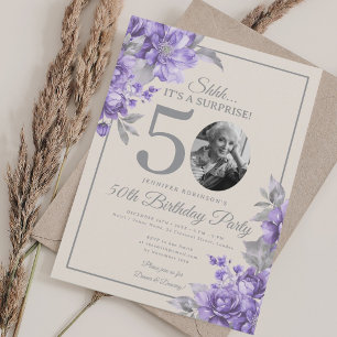 SURPRISE Photo 50th Birthday Purple Floral Beige Invitation